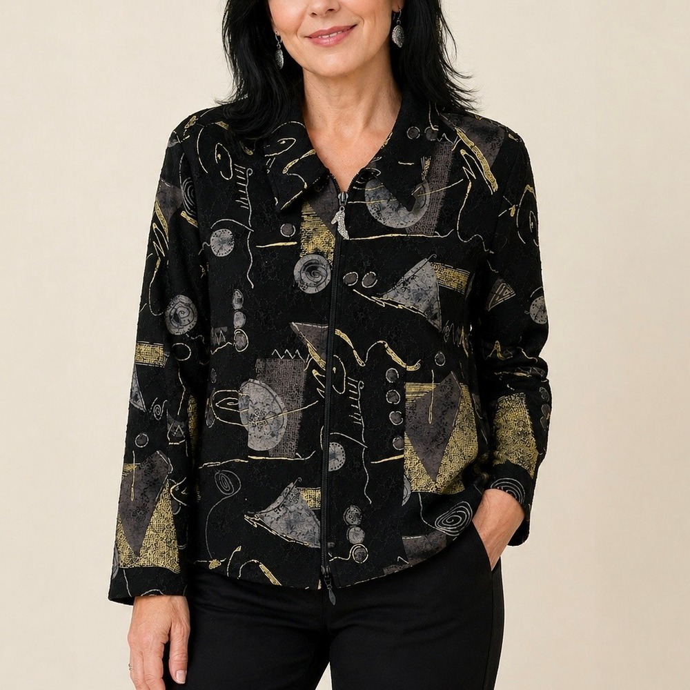 Vintage 90s Joseph Ribkoff Abstract Geometric Zip Blouse Black Gold 12 Artsy